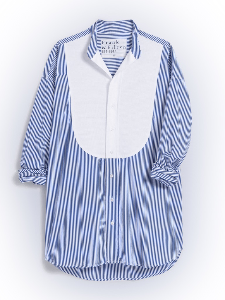 Frank & Eileen Victoria Italian Tuxedo Shirt Blue Stripe White Bib Medium